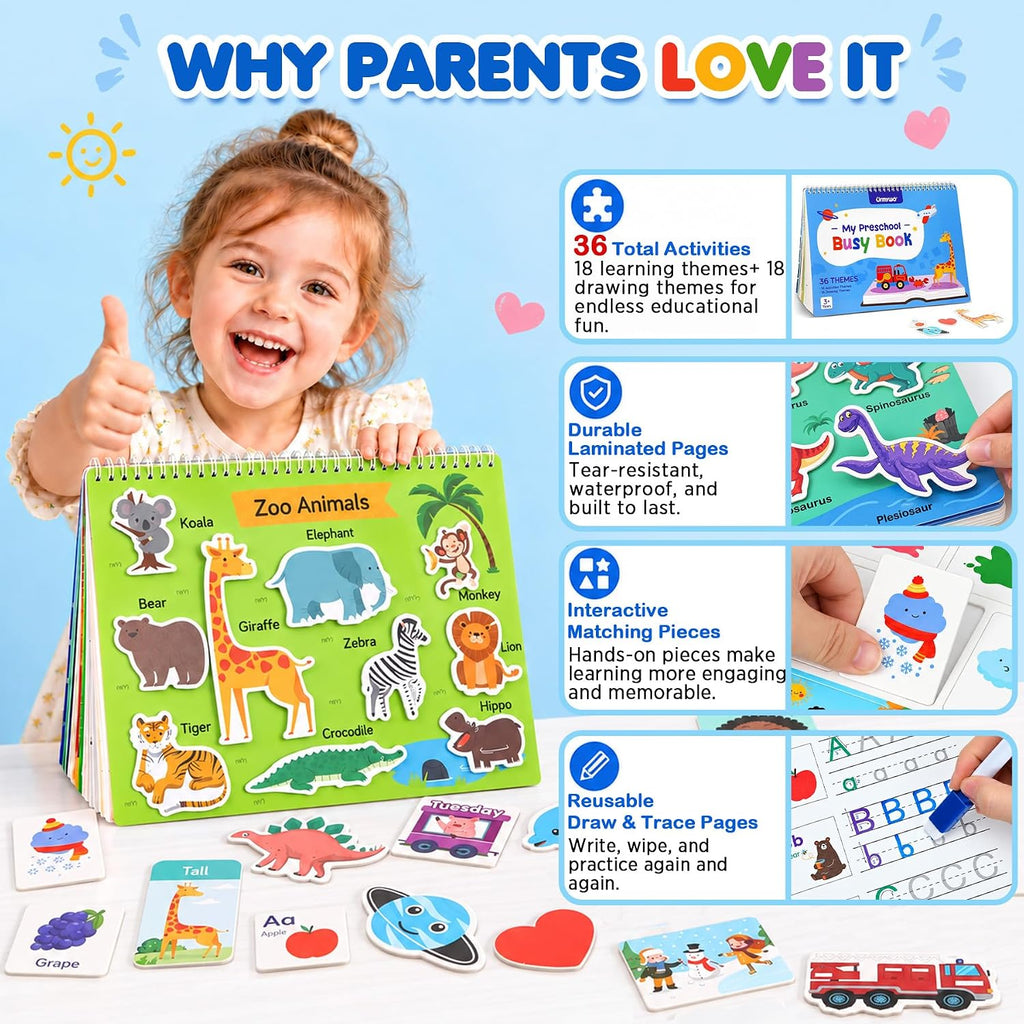 URMYWO Busy Book, 36 Preschool Learning Activities, Screen Free Workbook